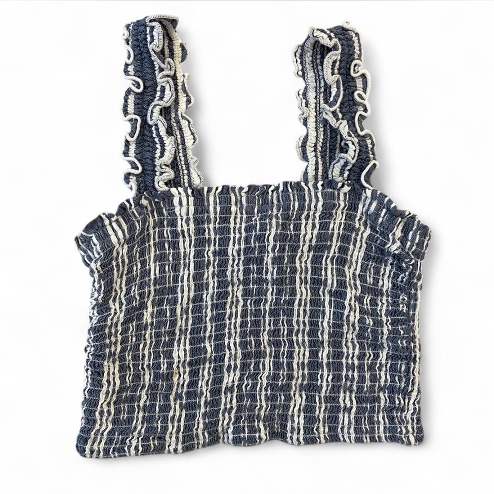 Hollister Blue and White Smocked Ruffled Tank Top